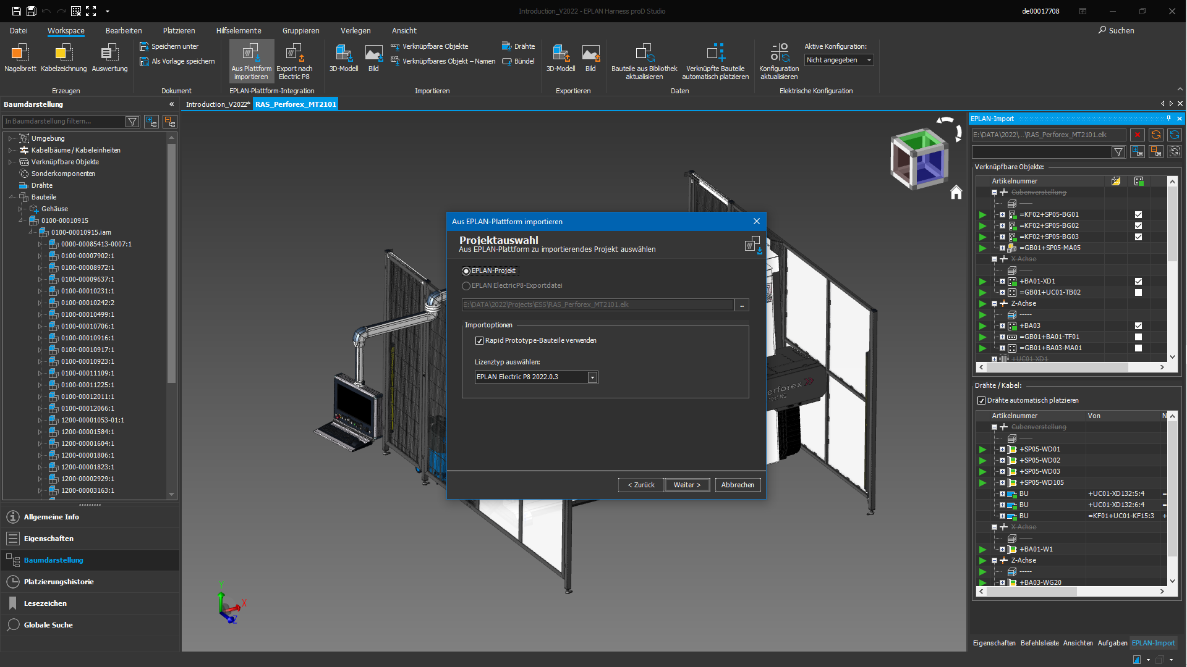 Screenshot: Import eines Projektes aus Eplan Electric P8 in die Softwareumgebung von Harness proD