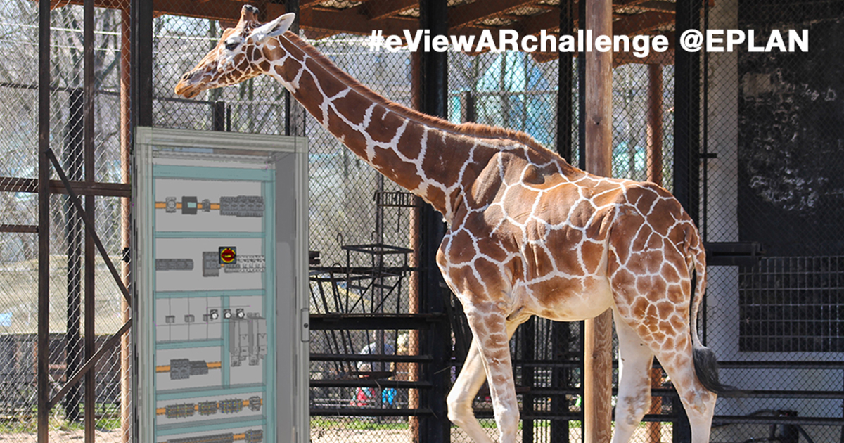 Digital twin of a control cabinet at the zoo next to a giraffe